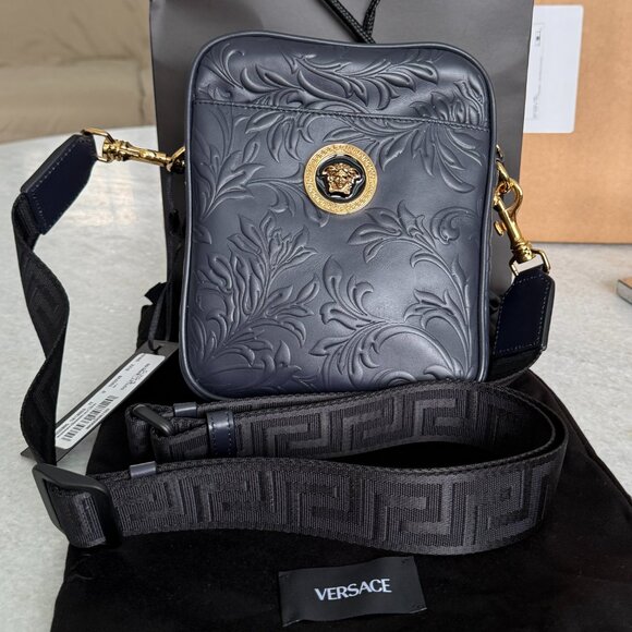 Versace Embossed Blue Calf Leather Shoulder Crossbody Messenger Bag, 1002885 - Picture 2 of 16